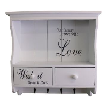 Wall Unit In White With Hooks, Drawers & Shelf