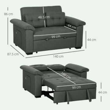 Homcom Pull Out Sofa Bed, Fabric 2 Seater Click Clack Sofa Bed Settee, Convertible Sofa Couch With 2 Pillows And Side Pockets For Living Room, Home Office, Charcoal Grey