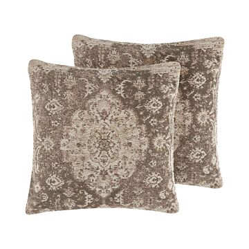 Set Of 2 Decorative Cushions Brown Oriental Pattern 45 X 45 Cm Distressed Vintage Decor Accessories Beliani