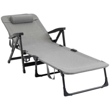 Outsunny Folding Sun Lounger, Mesh Fabric Chaise Lounge Chair, 7-reclining Position Sleeping Bed With Pillow & Cup Holder For Poolside, Light Grey