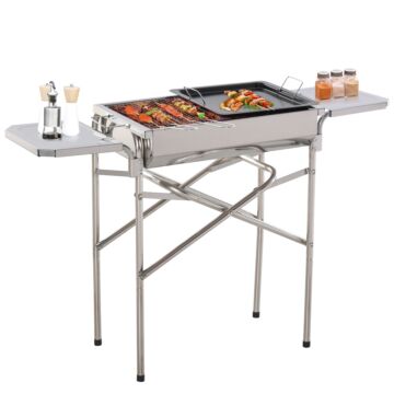Outsunny Folding Barbecue Grill Garden Rectangular Stainless Steel Bbq W/ Adjustable Legs, Bbq Grates, Frying Plate And Non-stick Pan, Silver