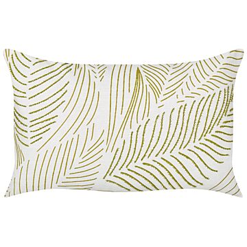 Scatter Cushion White And Green Cotton 30 X 50 Cm Rectangular Handmade Throw Pillow Embroidered Leaves Pattern Flower Motif Removable Cover Beliani