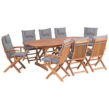 Outdoor Dining Set Light Acacia Wood With Grey Cushions 8 Seater Table Folding Chairs Rustic Design Beliani