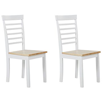 Set Of 2 Dining Chairs Light Wood And White Rubber Wood Armless Seat Ladder Back Beliani
