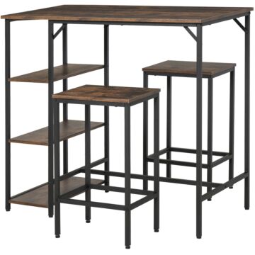 Homcom Dining Table Set Industrial Bar Height With 2 Stools & Side Shelf, 3 Pieces Coffee Table For Dining Room, Kitchen, Dinette