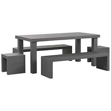 Garden Dining Set Grey Concrete Rectangular Table 2 U Shaped Benches 2 Stools 6 Seater Water Resistant Beliani