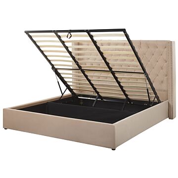 Bed Frame With Storage Beige Velvet Upholstered 6ft Eu Super King Size High Headboard Beliani