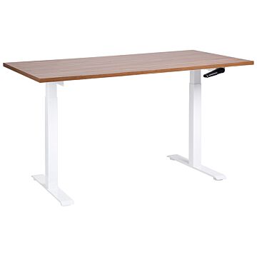 Manually Adjustable Desk Dark Wood Tabletop White Steel Frame 160 X 72 Cm Sit And Stand Square Feet Modern Design Office Beliani