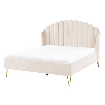 Bed Frame Beige Velvet Upholstery Eu Double Size 4ft6 Metal Legs Retro Design Chanell Shell Headboard