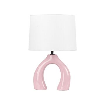 Table Lamp Pink Ceramic Polyester Cotton Drum Shaped Shade Half-round Base Minimalistic Design Beliani