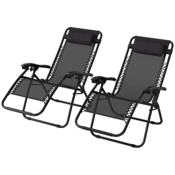 Outsunny Zero Gravity Chair Set Of 2, Metal Frame Texteline Armchair Outdoor Folding And Reclining Sun Lounger With Head Pillow For Patio Decking Gardens Camping, Black