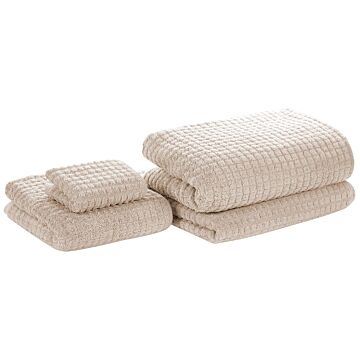 Set Of 4 Bathroom Towels Beige Cotton Soft Low Twist With Bath Mat 30x50 Cm / 50x100 Cm / 70x140 Cm / 100x150 Cm Beliani