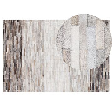 Area Rug Grey With Beige Leather 140 X 200 Cm Modern Patchwork Pattern Handmade Rectangular Carpet Beliani