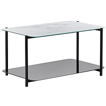 Coffee Table White And Black Steel Glass 77 X 47 Cm Rectangular Marble Effect Tempered Glass Top Glam Modern Beliani