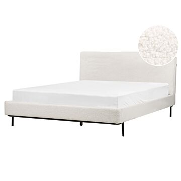 Slatted Bed Frame Off White Polyester Boucle Fabric Upholstered 5ft3 Eu King Size Modern Design Beliani