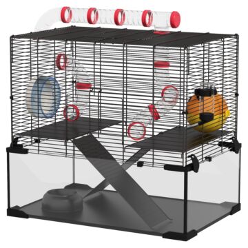 Pawhut Gerbil Cage Dwarf Hamster Cage, With Deep Glass Bottom, Tunnels, Hut, Exercise Wheel, 60 X 40 X 57cm