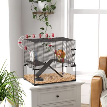 Pawhut Gerbil Cage Dwarf Hamster Cage, With Deep Glass Bottom, Tunnels, Hut, Exercise Wheel, 60 X 40 X 57cm