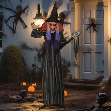 Outsunny 160 Cm Life Size Halloween Animated Standing Witch & Skull Staff With Glowing Led Eyes & Head, Spooky Witch Scary Halloween Decorations, Battery Operated, Indoor Party Props