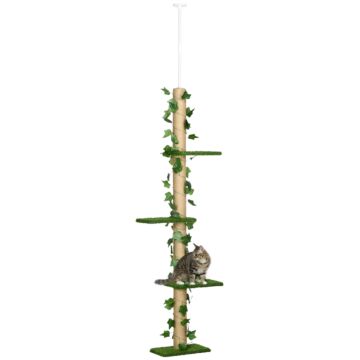 Pawhut 242cm Floor To Ceiling Cat Tree, Height Adjustable Kitten Tower With Anti-slip Kit, Highly Simulated Multi-layer Activity Center Green