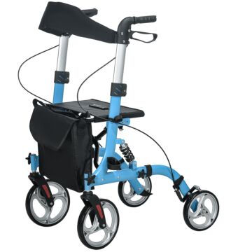 Homcom 4 Wheel Rollator With Seat & Back, Lightweight Folding Mobility Walker W/ Large Wheels, Carry Bag, Adjustable Height, Dual Brakes, Blue