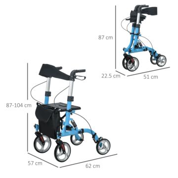 Homcom 4 Wheel Rollator With Seat & Back, Lightweight Folding Mobility Walker W/ Large Wheels, Carry Bag, Adjustable Height, Dual Brakes, Blue