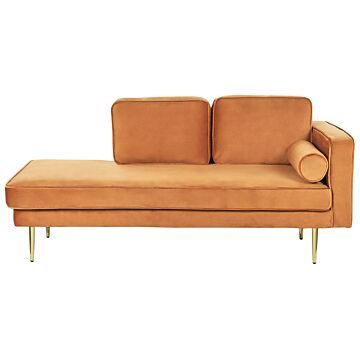 Chaise Lounge Orange Velvet Upholstered Right Hand Orientation Metal Legs Bolster Pillow Modern Design Beliani
