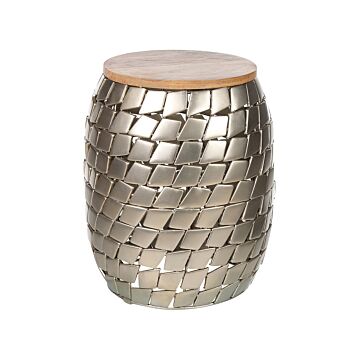 Side Table Light Wood And Silver Mango Top Metal Round Geometric Shape Modern End Table Beliani