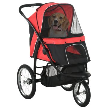 Pawhut Pet Stroller Jogger For Medium, Small Dogs, Foldable Cat Pram Dog Pushchair W/ Adjustable Canopy, 3 Big Wheels - Red