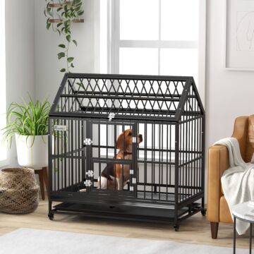 Pawhut 48" Heavy Duty Dog Crate On Wheels, With Removable Tray, Openable Top, For L, Xl Dogs - Black