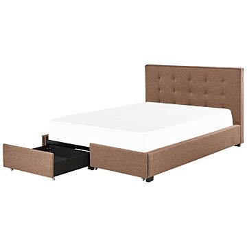 Eu Double Size Bed Brown Fabric 5ft3 Upholstered Frame Buttoned Headrest With Storage Drawers Beliani