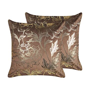 Set Of 2 Decorative Cushions Brown Velvet 45 X 45 Cm Gold Floral Foil Print Glamour Decor Accessories Beliani