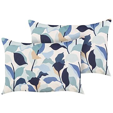 Set Of 2 Garden Cushions Blue Polyester 40 X 60 Leaf Pattern Modern Outdoor Decoration Water Resistant Beliani
