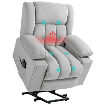 Homcom Power Lift Recliner Chair With Vibration Massage And Heat, Electric Lift Chair For Elderly, Overstuffed Fabric Riser And Reclining Armchair With Usb Ports, Cup Holders, Light Grey