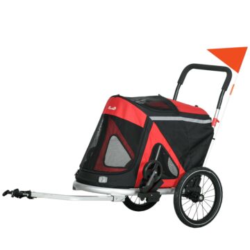 Pawhut 2 In 1 Aluminium Foldable Dog Bike Trailer, Pet Stroller, For Medium Dogs - Red
