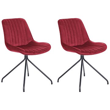 Set Of 2 Dining Chairs Red Velvet Upholstery Tufted Armless Black Cross Base Steel Frame Retro Design Beliani