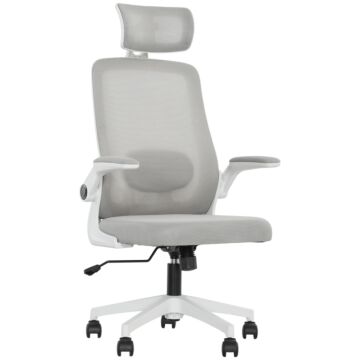 Homcom Executive Office Chair, Ergonomic Mesh High Back Desk Chair With Flip-up Armrest, Adjustable Lumbar Support, Rotatable Headrest, Swivel Computer Chair For Home Study, Grey