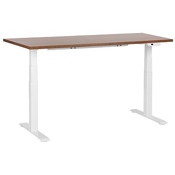 Electrically Adjustable Desk Dark Wood Tabletop White Steel Frame 160 X 72 Cm Sit And Stand Square Feet Modern Design Beliani