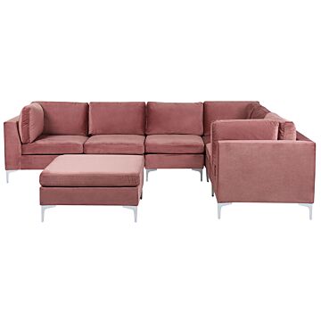 Left Hand Modular Corner Sofa Pink Velvet 6 Seater With Ottoman L-shaped Silver Metal Legs Glamour Style Beliani