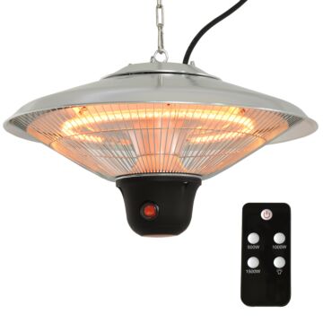 Outsunny 1500w Patio Heater Outdoor Ceiling Mounted Aluminium Halogen Electric Hanging Heating Light With Remote Control And 3 Heat Settings, Silver