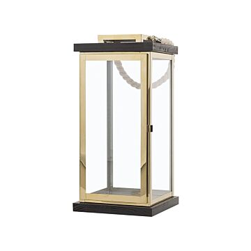 Lantern Black Wood And Gold Metal H 41 Cm Pillar Candle Holder With Rope Handle Beliani