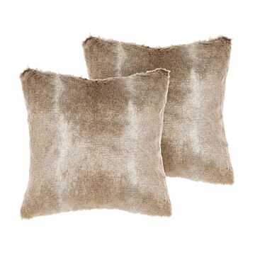 Set Of 2 Throw Cushions Brown Acrylic 45 X 45 Cm Boho Solid Colour Zipper Furry Living Room Bedroom Beliani
