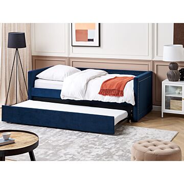 Trundle Bed Blue Fabric Upholstery Eu Single Size Guest Underbed Nailhead Trim Beliani