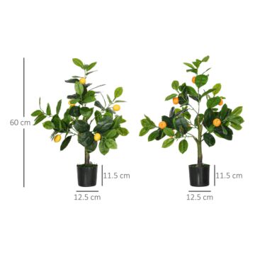 Homcom Set Of 2 Artificial Plants, Lemon And Orange Tree With Pot, For Home Decor, 60cm