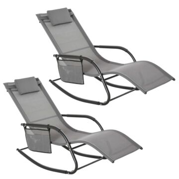 Outsunny 2pcs Garden Rocking Chair, Patio Sun Lounger Rocker Chair W/ Breathable Mesh Fabric, Removable Headrest Pillow, Side Storage Bag, Grey