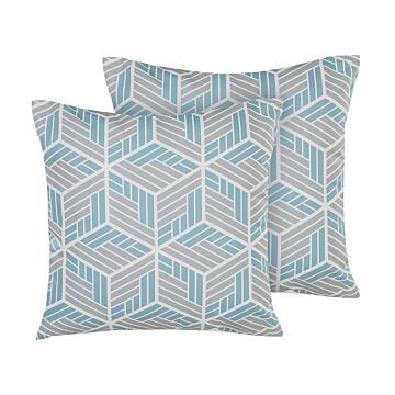 Set Of 2 Garden Cushions Grey And Blue Polyester Square 45 Cm 3d Effect Geometric Pattern Modern Design Beliani