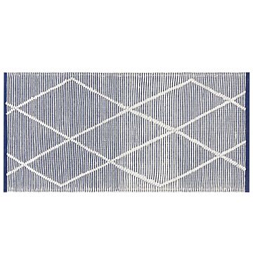 Area Rug White And Blue Cotton 80 X 150 Cm Rectangular Hand Woven Modern Design Beliani
