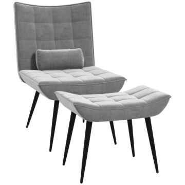 Homcom Armless Accent Chair With Footstool Set, Modern Tufted Upholstered Lounge Chair With Pillow And Steel Legs For Living Room, Bedroom, Home Study, Grey