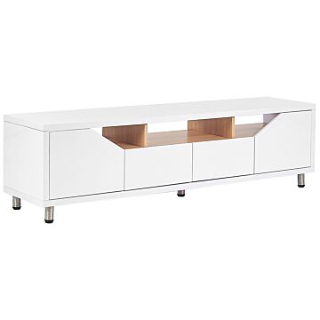 Tv Stand White Mdf High Gloss Cabinet Open Shelves 2 Cabinets 2 Drawers Minimalistic Beliani