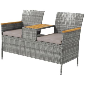 Outsunny Two-seat Rattan Loveseat, With Wood-top Middle Table - Grey