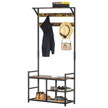 Homcom Coat Rack Stand Shoe Storage Bench With 9 Hooks Shelves For Bedroom Living Room Entryway Brown And Black 180cm